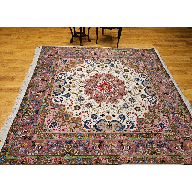 Vintage Tabriz Square Area Rug, Hand-Knotted Wool & Silk, Fine Medallion Floral Pattern, Ivory & Pale Pink, 7x7 For Sale In Chicago - Image 6 of 16