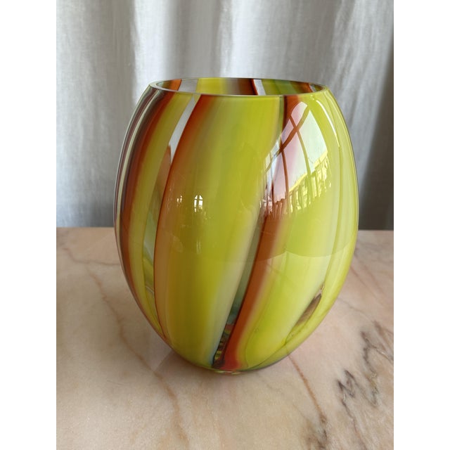 Beautiful postmodern yellow, orange and green striped Murano glass vase by Carlo Moretti, Italy, 1980s. A piece of art...