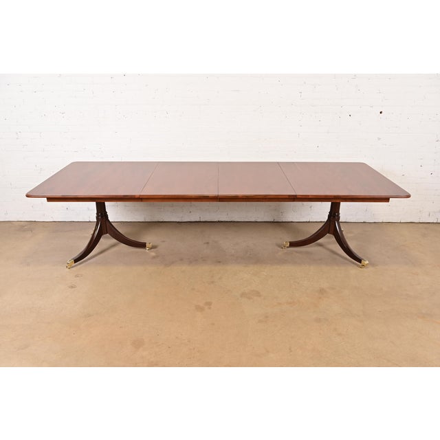 Baker Furniture Company Baker Furniture Style Georgian English Yew Wood and Mahogany Double Pedestal Extension Dining Table, Newly Refinished For Sale - Image 4 of 12