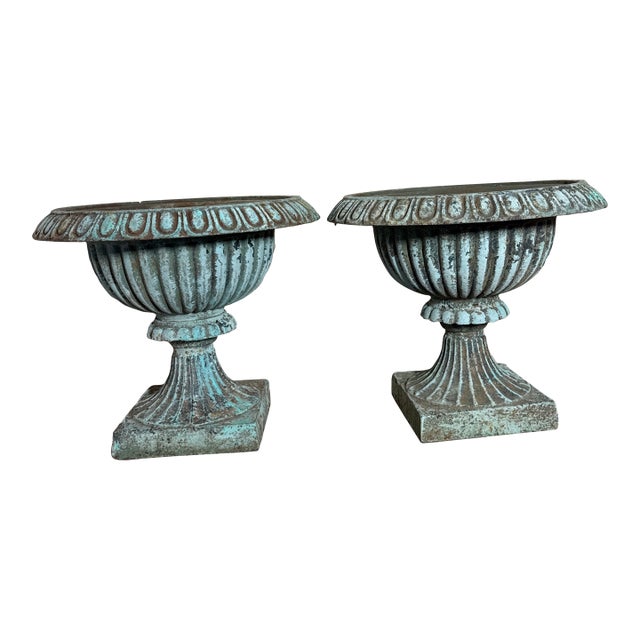 Vintage Pair French Country Cast Iron Verdigris Green Garden Urns Planters Set For Sale