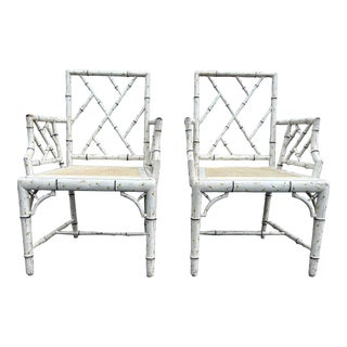 Vintage Set of 2 Faux Bamboo Chinese Chippendale Armchairs For Sale