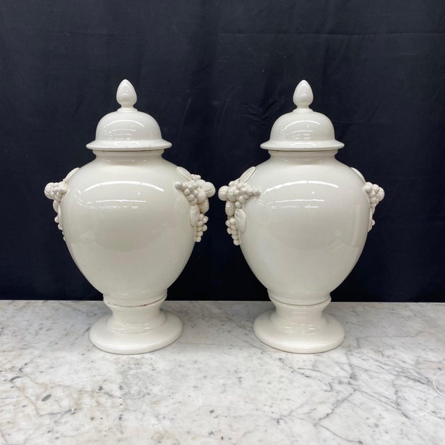 Large Antique Italian Pair of White Ceramic Apothecary Style Urn Vases -a Pair For Sale - Image 12 of 12