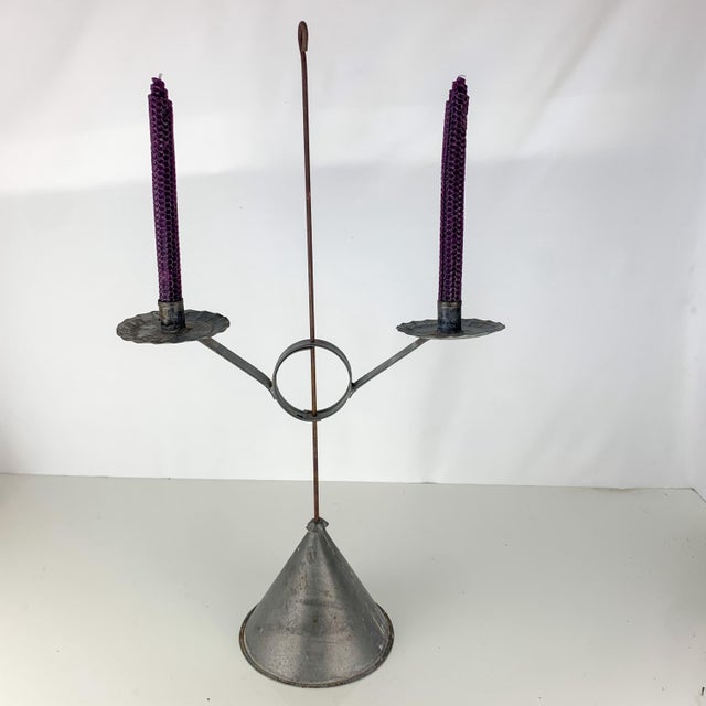 Incredible large vintage tin candle holder. Double arm. Moves up and down. Conical base. Ruffled wax catches. Love the...