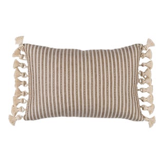 Schumacher Mathis Ticking Stripe 18" Lumbar Pillow In Flax For Sale
