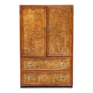 1970s Vintage Midcentury Campaign Style Burl-Wood Armoire For Sale
