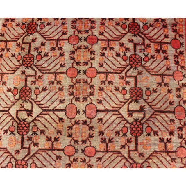 Early 20th Century Large Khotan Antique Rug With Pomegranate Design in Taupe, Green, Red and Brown 6'9 X 13'3 For Sale - Image 5 of 9