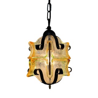 Brutalist Glass and Iron Hanging Lamp, 1970s For Sale