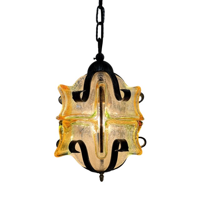 Brutalist Glass and Iron Hanging Lamp, 1970s For Sale
