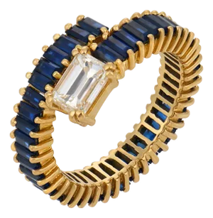 Contemporary Diamond Sapphire 18k Yellow Gold Bypass Ring, Size 6.75