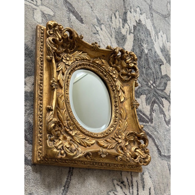 Late 20th Century Vintage Oval Beveled Mirror in Beautiful Bold Ornate Gilt Frame 17.5"x16"x3" For Sale - Image 5 of 14