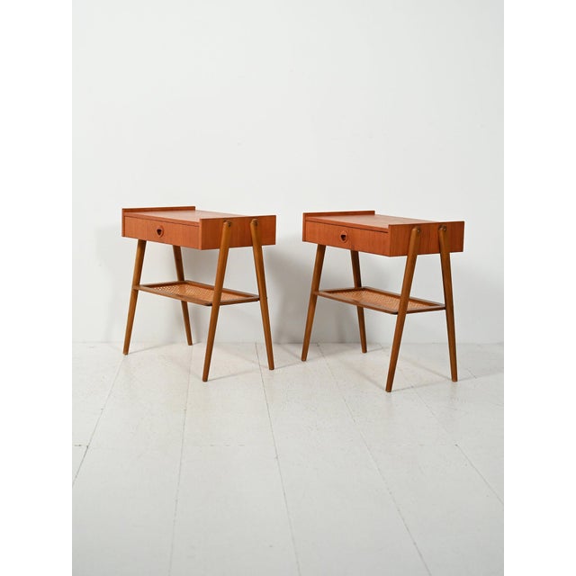 Scandinavian Teak Bedside Tables with Vienna Straw, 1950s, Set of 2 For Sale - Image 3 of 11