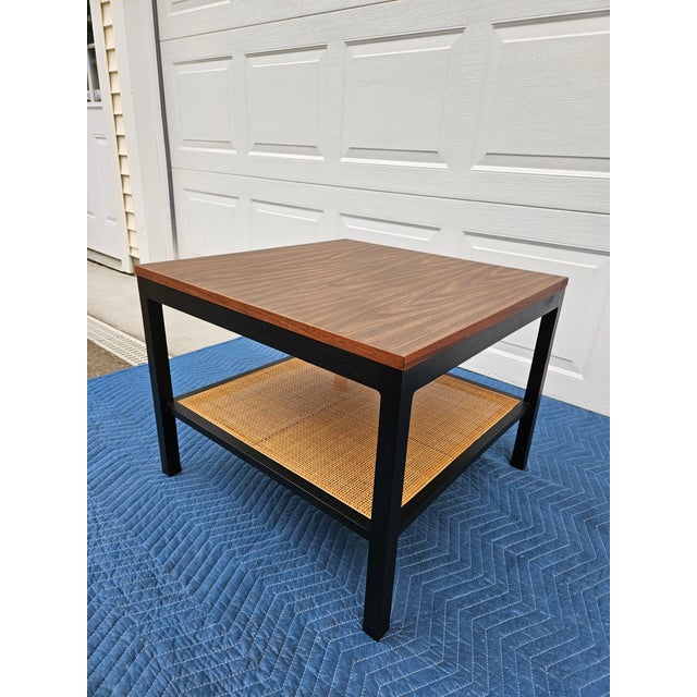 Mid-Century Modern Square Black and Rattan Side Table For Sale - Image 3 of 12