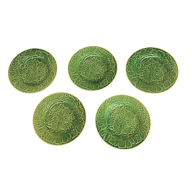 Traditional Bordallo Pinheiro Majolica Plates With Strawberry Leaf Motif - Set of Five For Sale - Image 3 of 10
