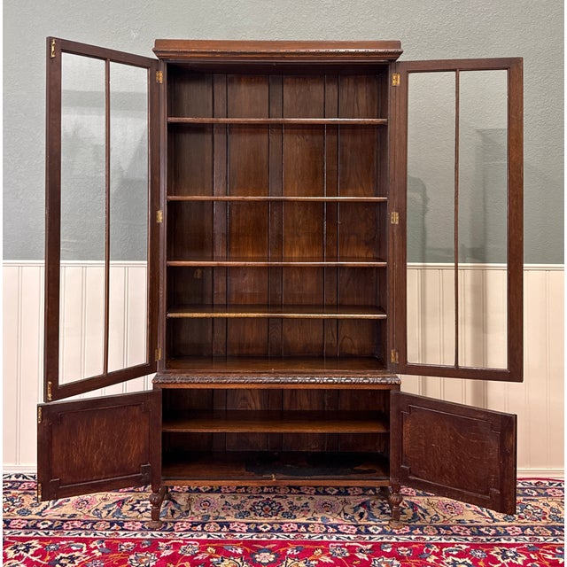 1930s Antique English Jacobean Bookcase Bookshelf Cabinet Double Door Oak c.1930s For Sale - Image 5 of 17