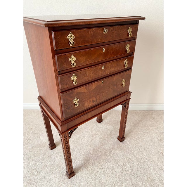 Wood Hickory Chair Vintage James River Plantation Chippendale Style Burl Wood Mahogany Silverware Chest Mid 20th Century. For Sale - Image 7 of 15