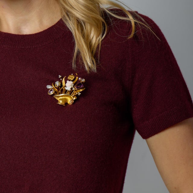 1970s Vintage Diamond Coral Amethyst Pearl 14k Yellow Gold Basket Opera Brooch For Sale - Image 5 of 6