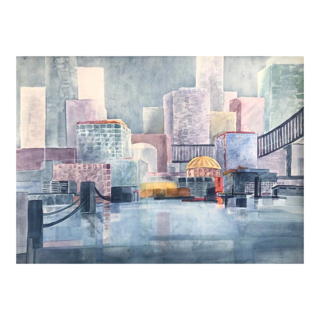1980s Ingrid Hofer City Waterfront Painting For Sale