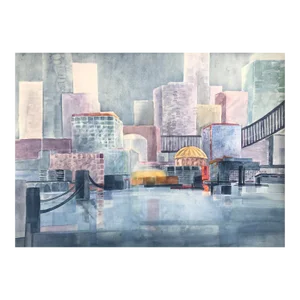 1980s Ingrid Hofer City Waterfront Painting