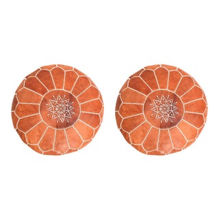 Moroccan Handmade Tan Leather Brown Pouf or Ottoman, a Pair For Sale