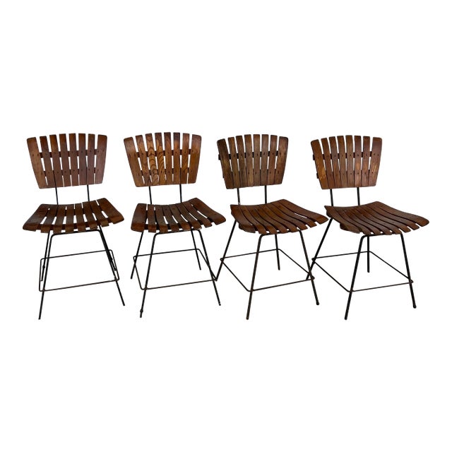Mid Century Modern Wooden Bentwood Slatted Chairs With Iron Bases - Matching Set of 4 For Sale