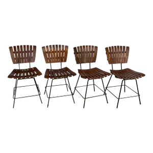 Mid Century Modern Wooden Bentwood Slatted Chairs With Iron Bases - Matching Set of 4