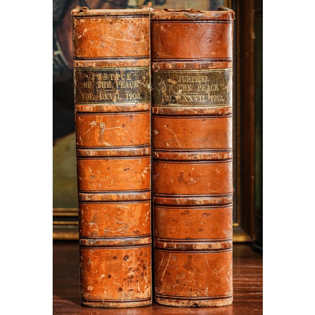 English Pair of 2, Early 20th Century Large Leather Spine Volumes the Justice of the Peace Books Legal English Law History For Sale - Image 3 of 10