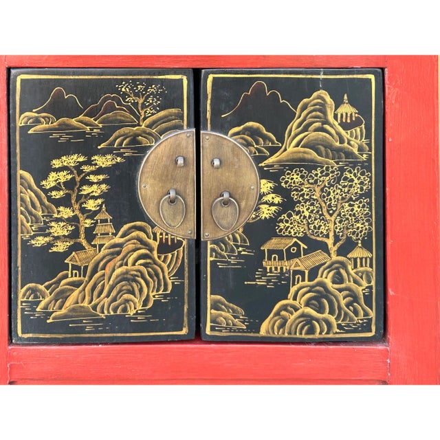 Red Oriental Distressed Red Black Golden Graphic Side End Table Nightstand For Sale - Image 8 of 9