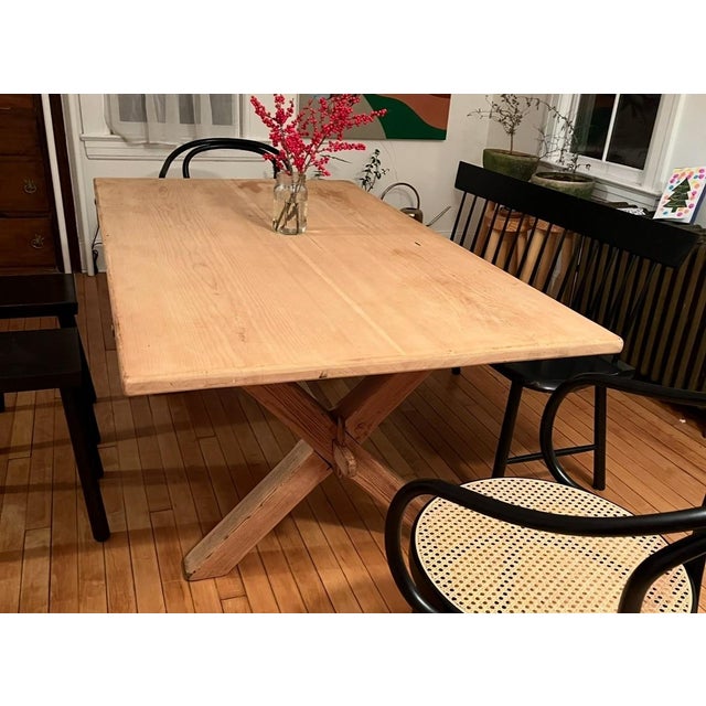 Early 20th Century Primitive Pine Farm Trestle Dining Table For Sale In New York - Image 6 of 8