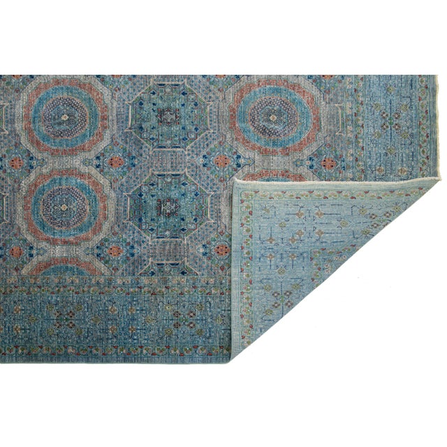 Modern Blue Modern Mamluk Wool Rug With Geometric Design For Sale - Image 3 of 9
