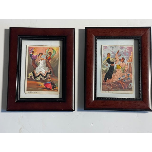 Beautiful colourful antique pair of Spanish embroidered flamenco dancers postcards.