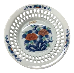 Vintage Asian Hand-Painted Peony With Open Work Porcelain Bowl in Blue & Salmon, Signed