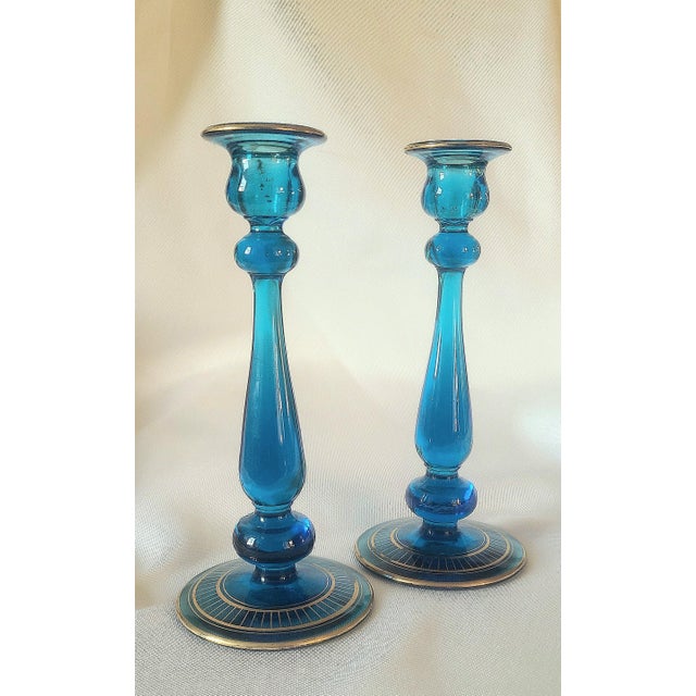 Turquoise Pair of Turquoise Candle Holders With Gold Trim For Sale - Image 8 of 8