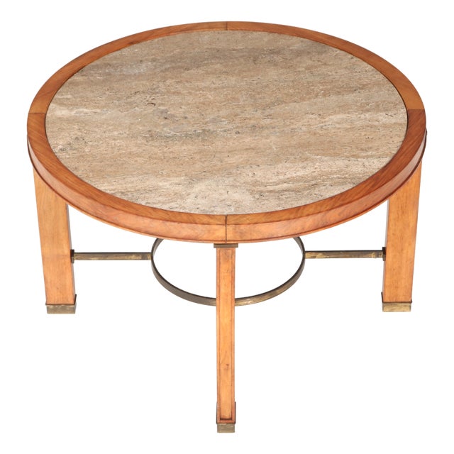 Art Deco French Walnut Coffee Table with Travertine Top, 1940s For Sale