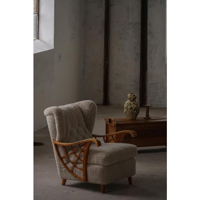 1940s Swedish Modern Lounge Chairs in Shearling Lambswool & Elm, 1940s, Set of 2 For Sale - Image 5 of 18