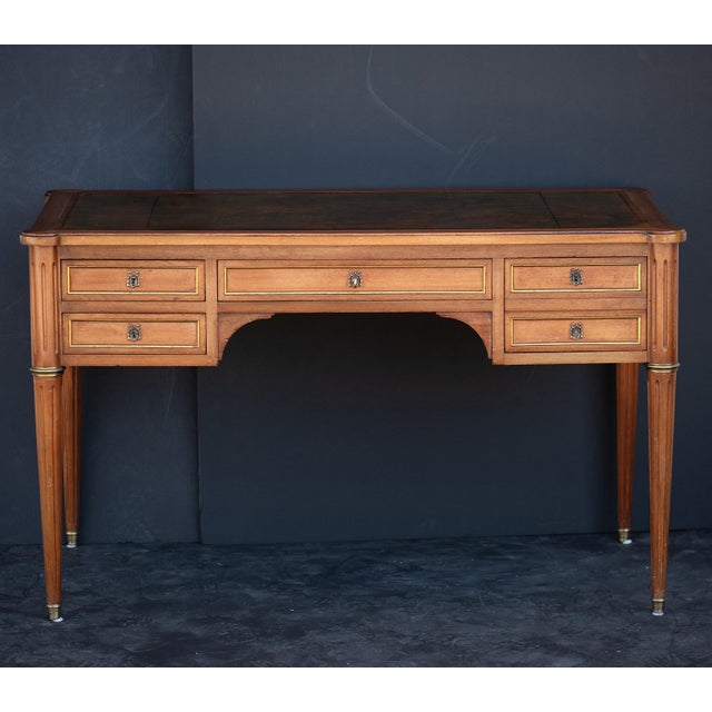 French Louis XVI Style Writing Table or Desk of Walnut With Leather Top From France For Sale - Image 3 of 16