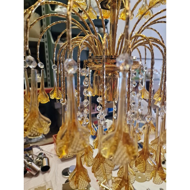 Vintage Gold Rain Chandelier with Crystals and Murano Glass Flowers, Italy, 1966 For Sale - Image 11 of 15