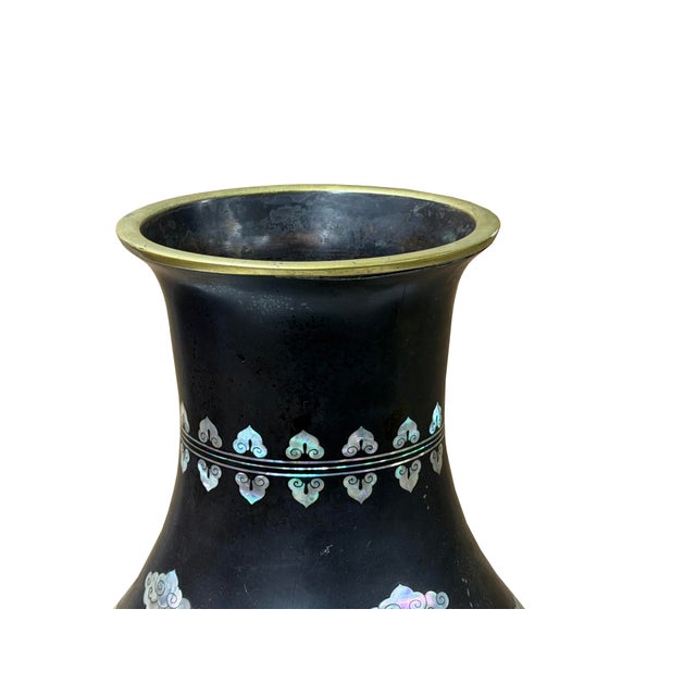 Metal Vintage Metal Black Paint Mother of Pearl Double Dragon Art Vase For Sale - Image 7 of 12