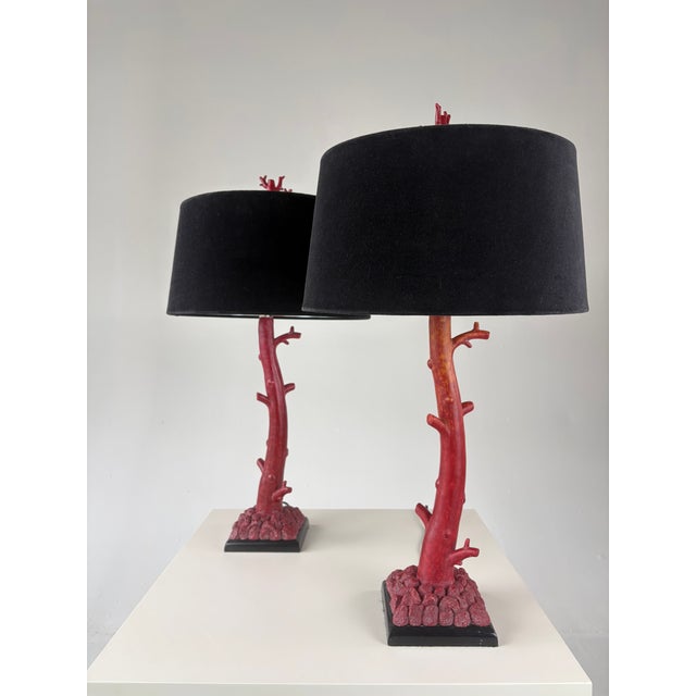 1990s Tanner Kenzie for Arteriors Coral Red Resin Table Lamps With Original Black Velvet Shades - a Pair For Sale - Image 6 of 6