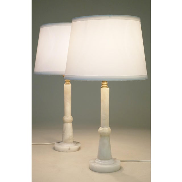 1930s Art Deco Streamline Alabaster Marble Brass Candlestick Table Lamps Italy - a Pair For Sale - Image 9 of 13