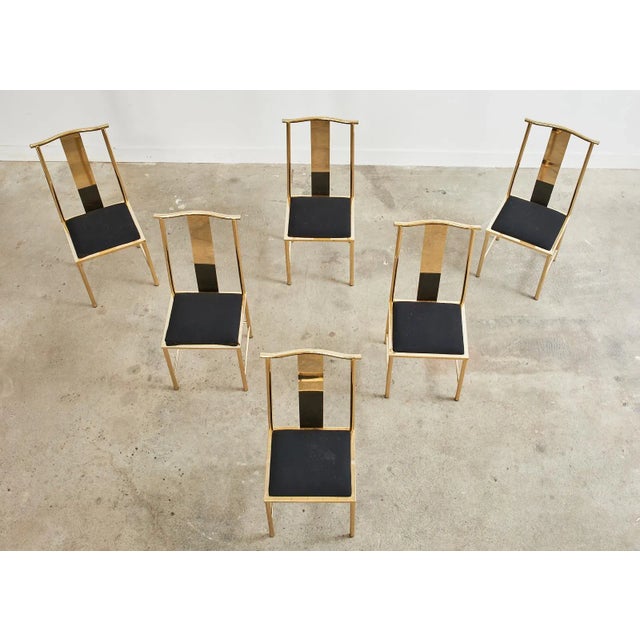 Hollywood Regency Set of Six Gilded Steel Chinese Officials Hat Dining Chairs For Sale - Image 3 of 13