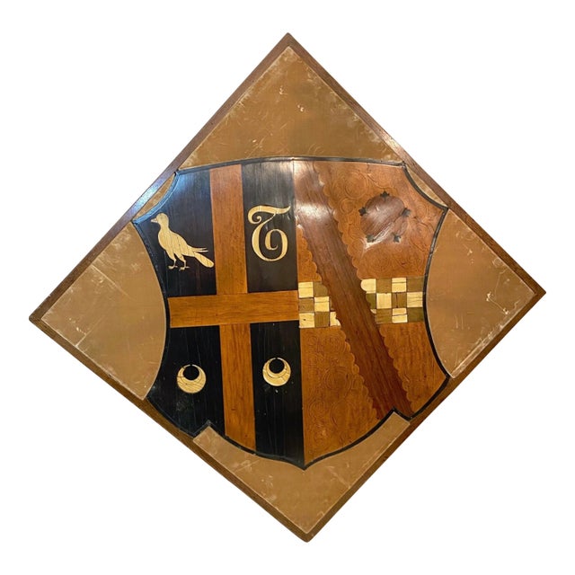 Large 1700's Heraldic Wood Marquetry Coat of Arms Crest Shield Plaque Sculpture For Sale