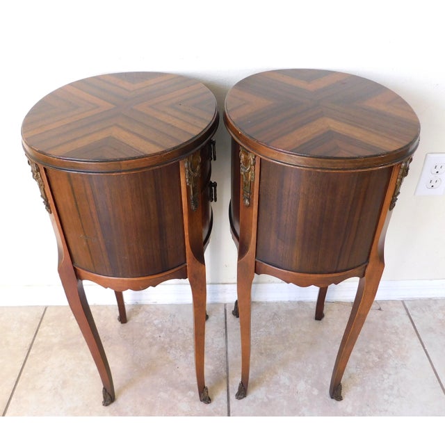 Pair Vintage C1940s French Oval Brass & Wood Side/End Bedside Tables For Sale - Image 15 of 16