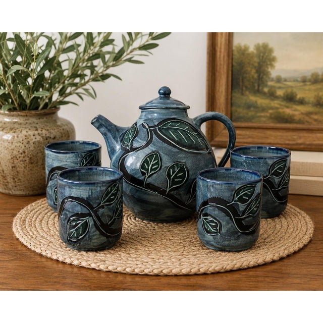 Signed Butterfield Studio Pottery Teapot 4 Cups Blue Green Sgraffito Set For Sale - Image 10 of 10