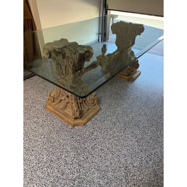 Mid 20th Century Vintage Hollywood Regency Style Double Pedestal Glass Top Dining Table For Sale - Image 5 of 7