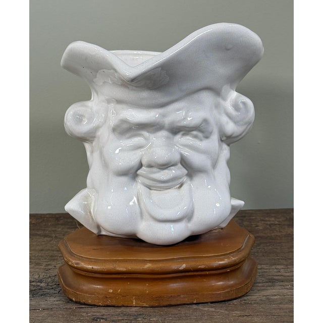 Antique British Toby head ceramic table lamp, likely Staffordshire, modeled in classic figural form with a glossy white...