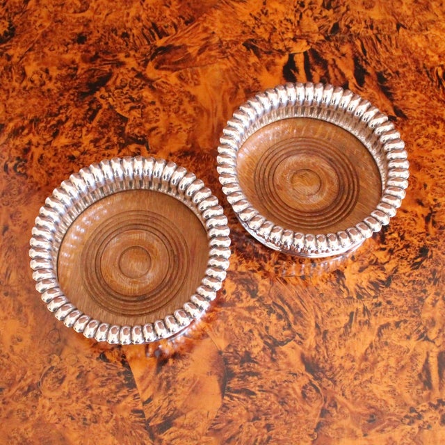 Wood Pair of English Silver Plate Lotus Flower Wine Bottle Coasters For Sale - Image 7 of 9