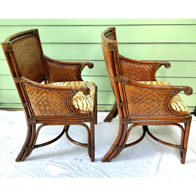 Vintage Bamboo & Rattan Arm Chairs – Pair of Wicker Dining or Accent Chairs With Upholstered Seats For Sale - Image 4 of 12