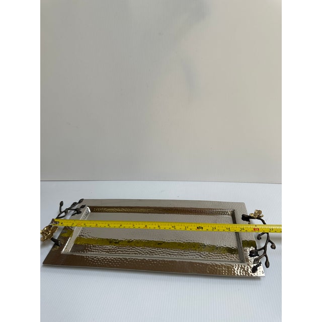 Michael Aram Sign Gold Plated Orchid Flowers Hammered Silver Tone Shine Serving Tray 17"x 7" For Sale - Image 17 of 18