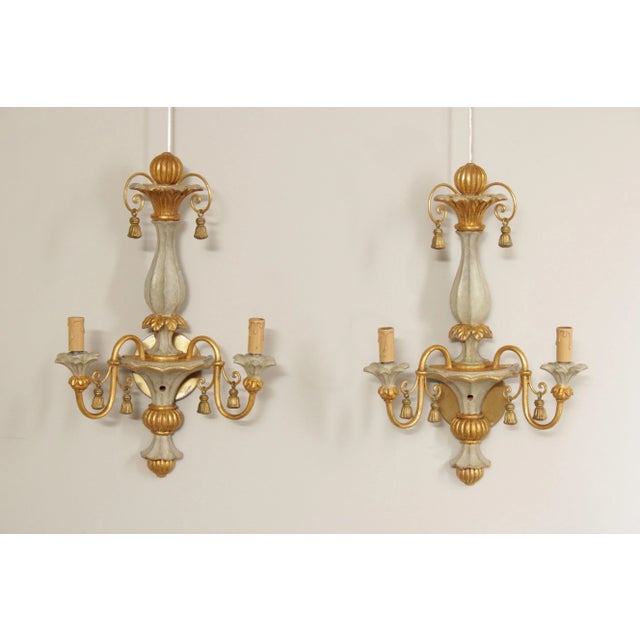 High Quality Vintage Neoclassical Influenced Pair of Partial Gilt and Tassel Decorated 2-Light Wall Sconces
