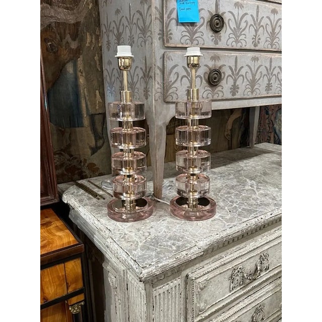 Pair of modern Murano pink Glass Disc Lamps. Perfect for today's transitional designs!